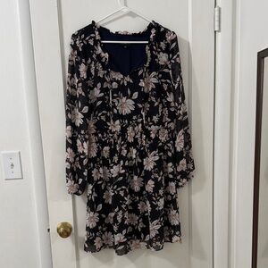 Black Floral Long-Sleeve Ruffle-Neck Dress